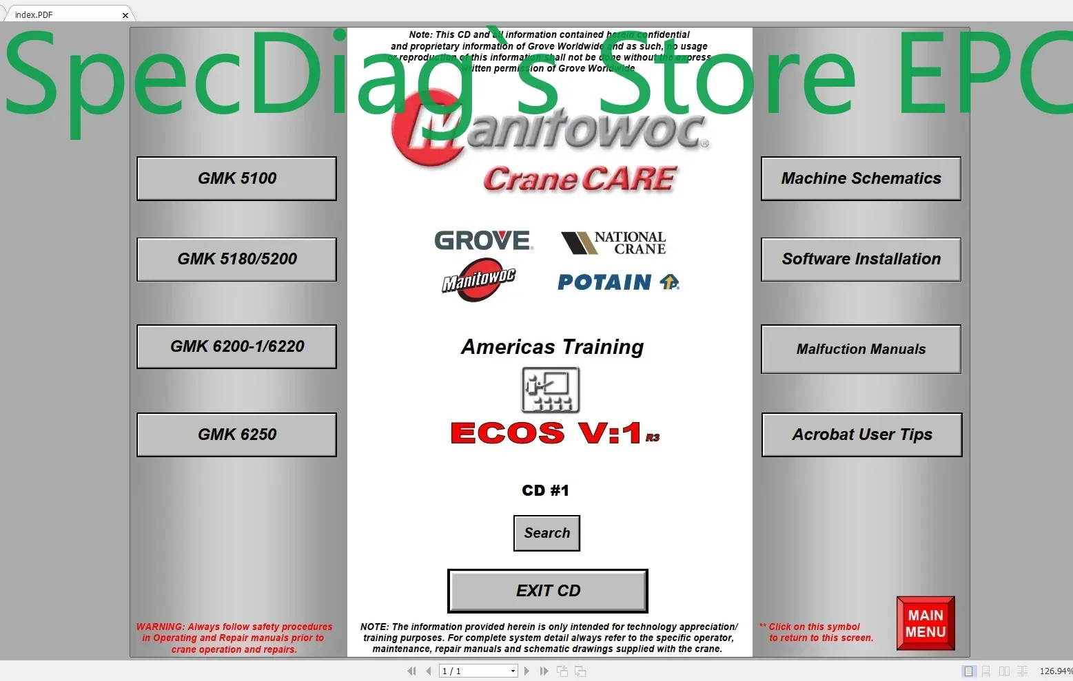 

SpecDiag Grove Manitowoc Crane Care Full ECOS V1 V2 V4 Viewer DVD