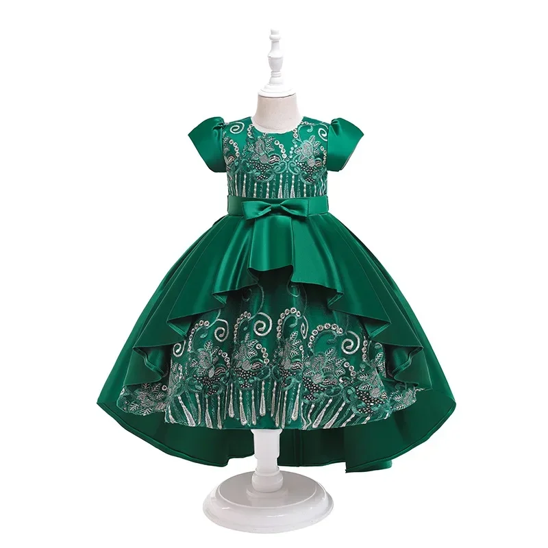 

New Children Clothing Summer Short Sleeve Floral Print Dress Satin Embroidered Tail Show Princess Dress Girls Dress