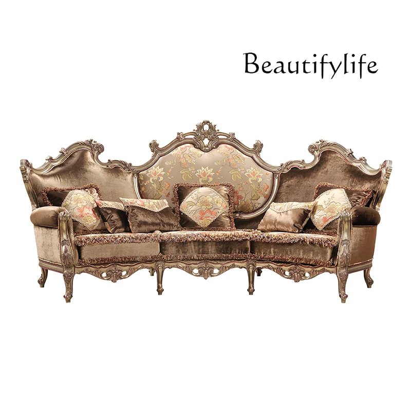 

French classical light luxury solid wood carving flower palace style villa household curved multi-person sofa combination