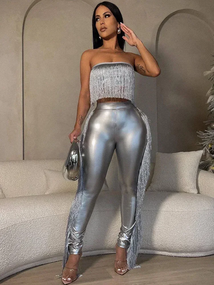 Sexy Metallic Tassels Pants Set Women 2 Piece Birthday Outfits Clubwear Strapless Crop Top and Pants Matching Sets Y2k Mujer