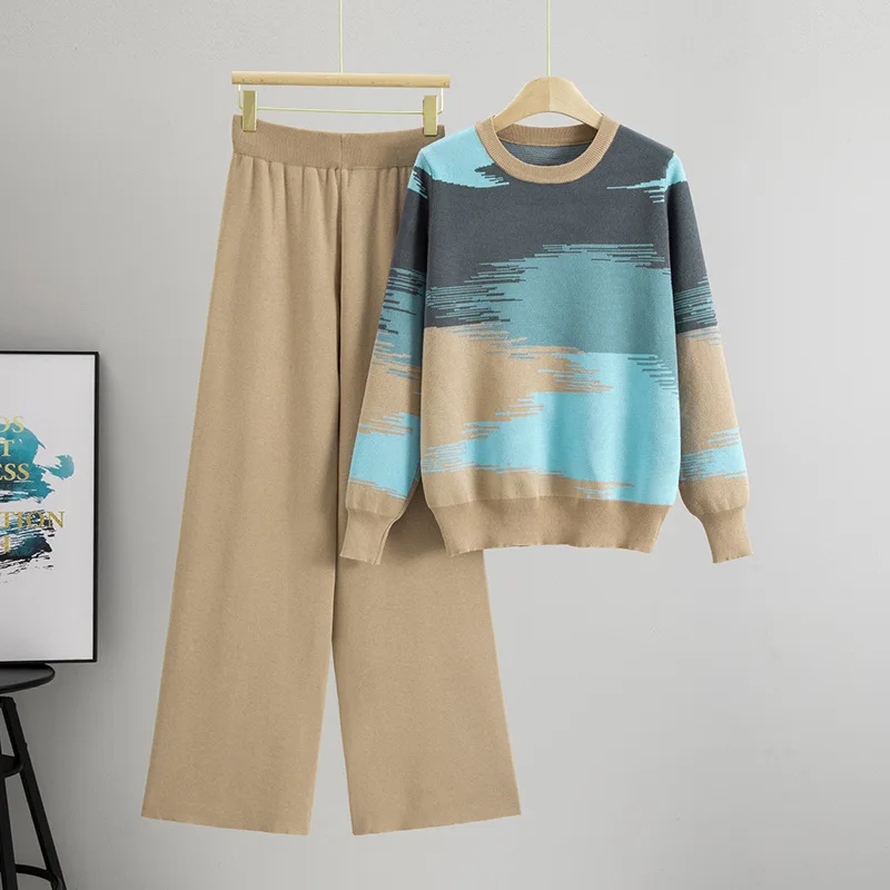 

Autumn Winter Women Knitted Suit Patchwork Color Matching O-neck Fashion Loose Pullovers Baggy Pants Female 2 Piece Outfit B653