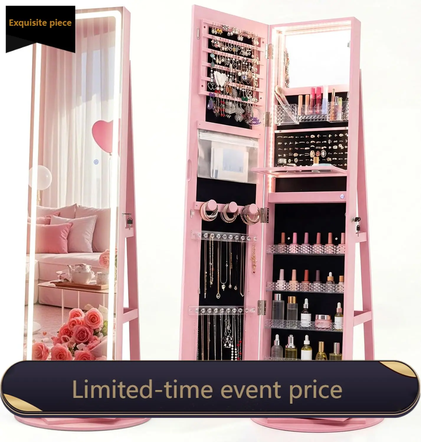 Pink Standing Jewelry Cabinet Full Length Rotating Lockable Lighted Mirror