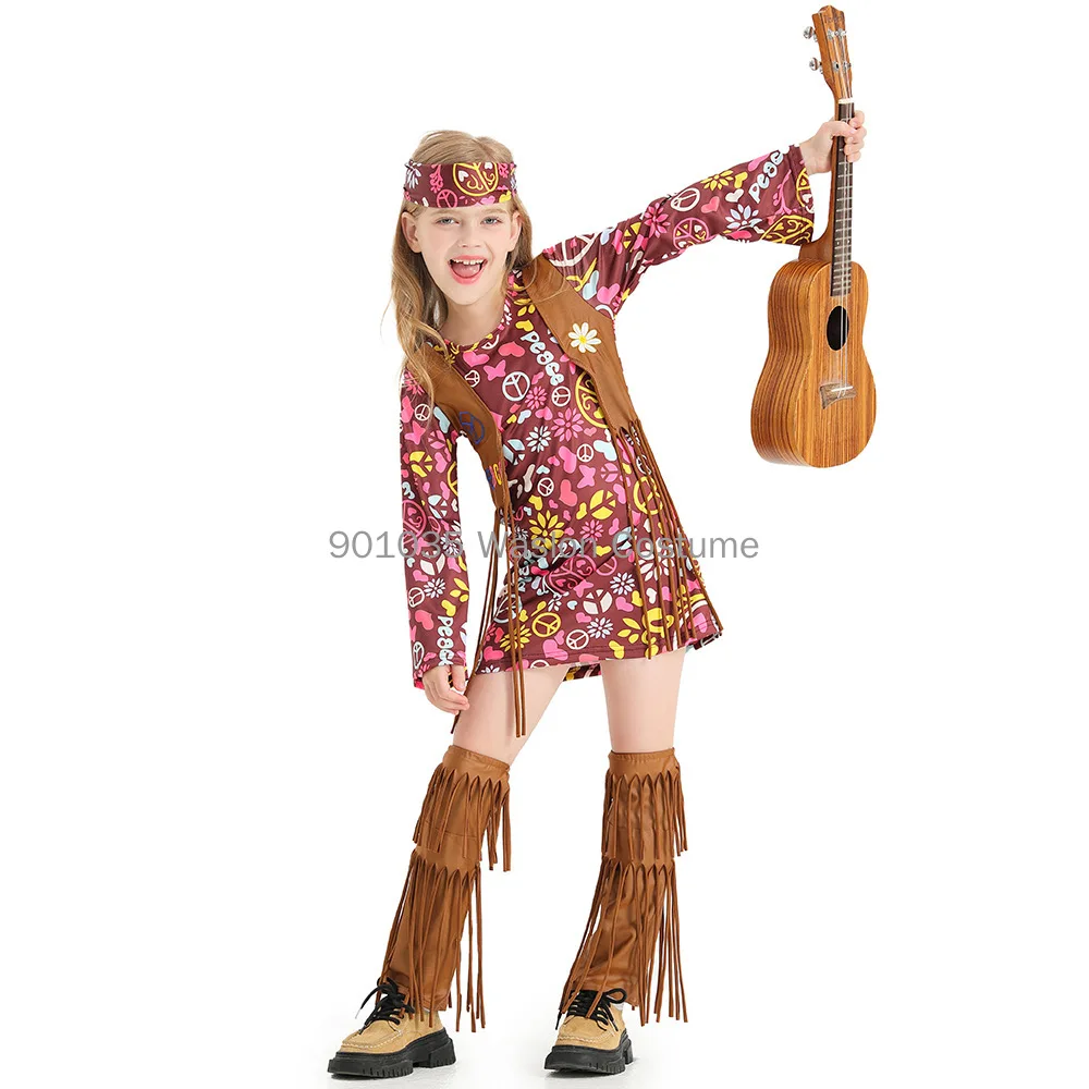 Baby Kid Girls Peace Love Hippie Costume Halloween Cosplay Dress Party Outfit For Hippy Girls S-XL Headwear +Dress+ Bootcover