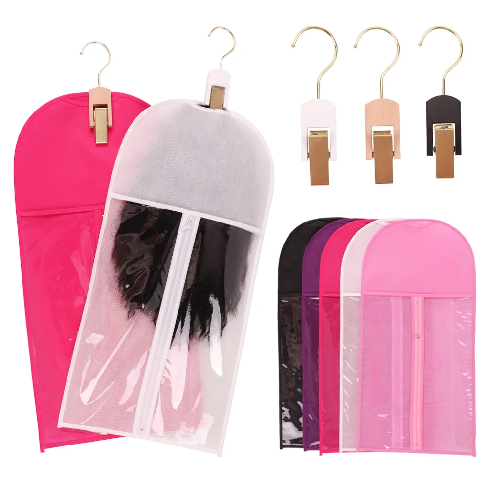 

Yajukai Wig Storage Bags With Transparent Dust-Proof Covers With White Gold Hanger Black Wig Packaging With Wooden Hook Black