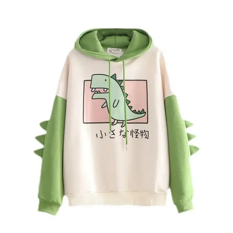 Moletom bonito de dinossauro feminino, moletom de manga comprida, estampa casual, estilo coreano, tampos de emenda, roupa kawaii, moda