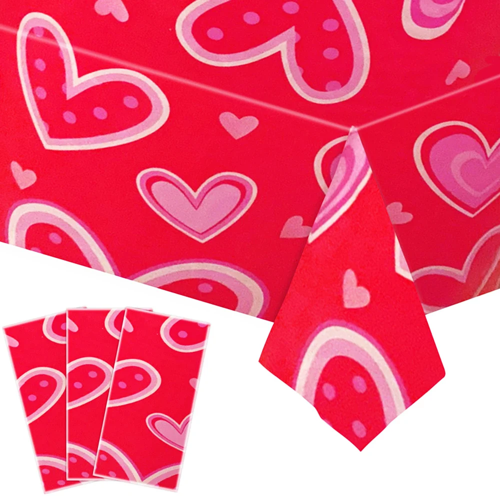 Valentines Day Disposable Tablecloth Red Love Heart Table Cover Plastic Rectangle Desk Cloth Wedding Party Table Decor Supplies