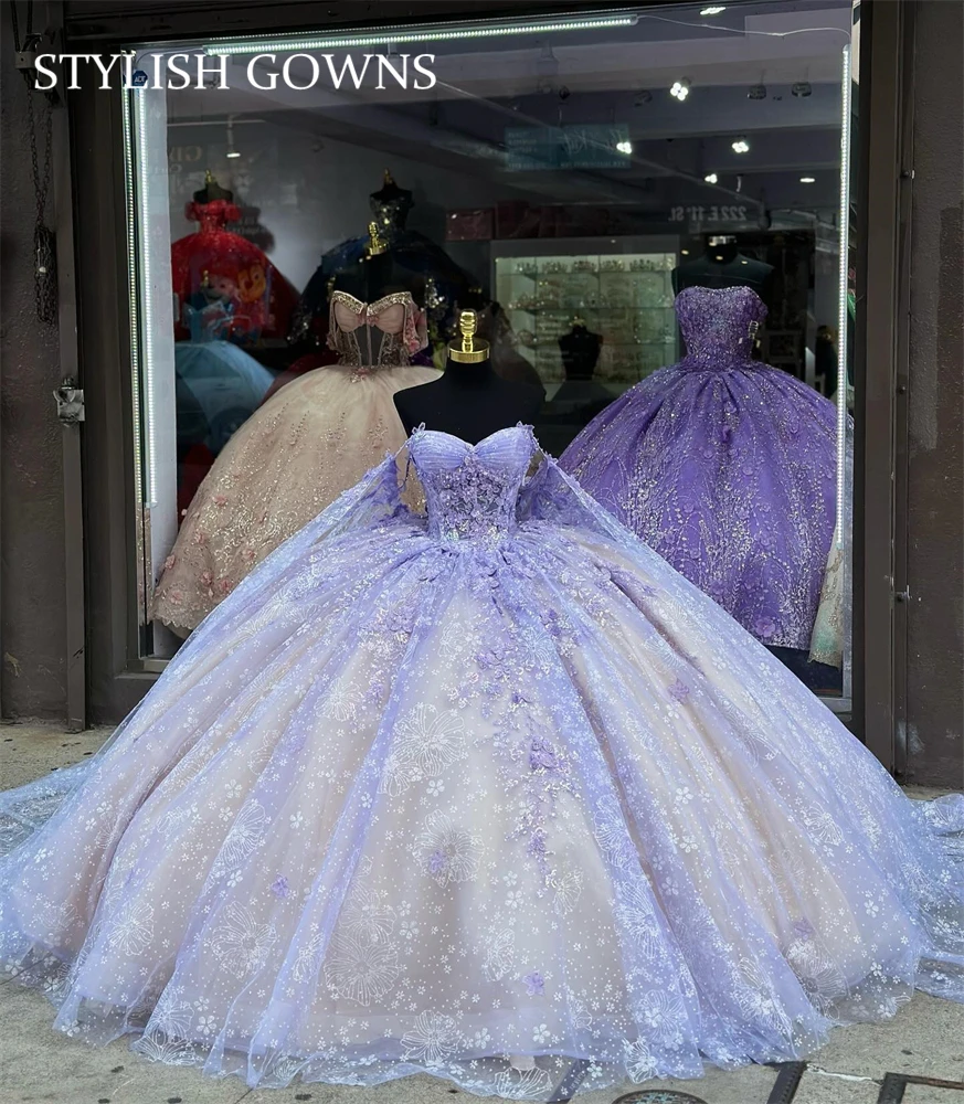 

Mexico Purple Sweetheart Quinceanera Dress Beaded Princess Ball Gown for Sweet 16 Applique Birthday Party Prom Dresses With Cape