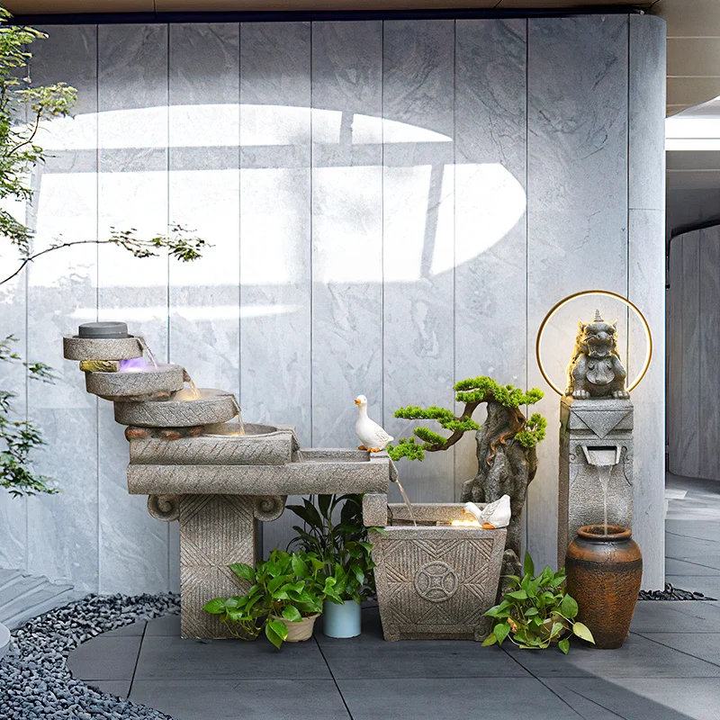 

Zen Chinese-style courtyard, flowing water fountain ornament, balcony, rockery, fish pond, outdoor indoor landscaping