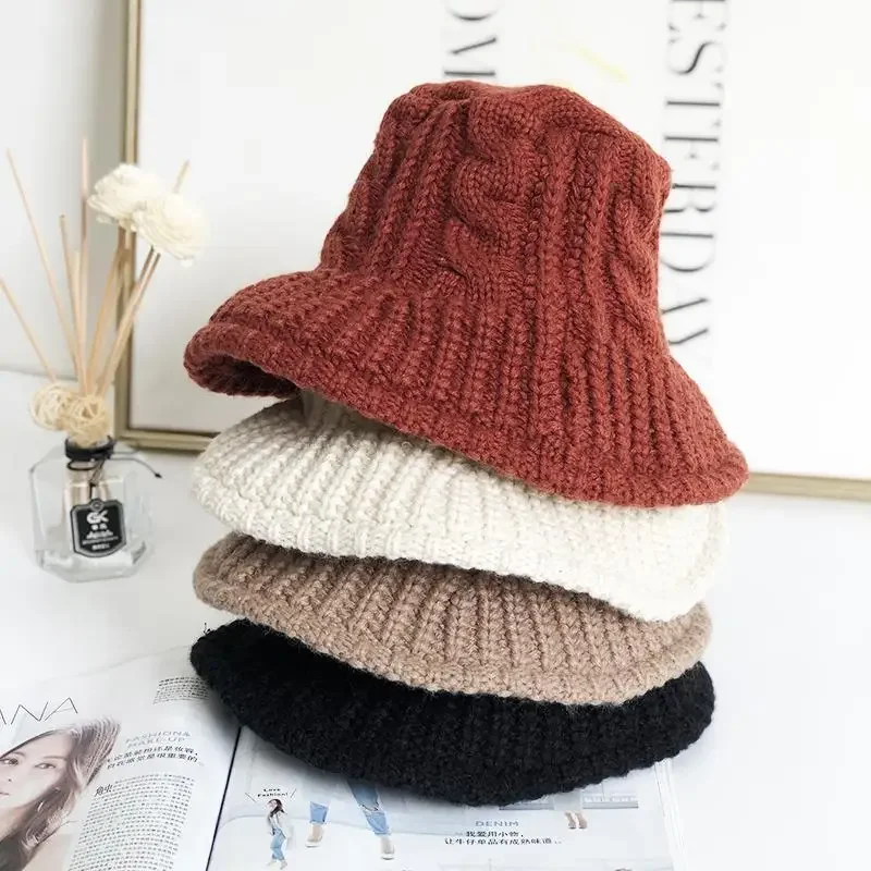 

Bucket Hats Women Winter Thicken Knitting Warm Basin Caps Korean Style Students All-match Folding Solid New Womens Stylish Retro