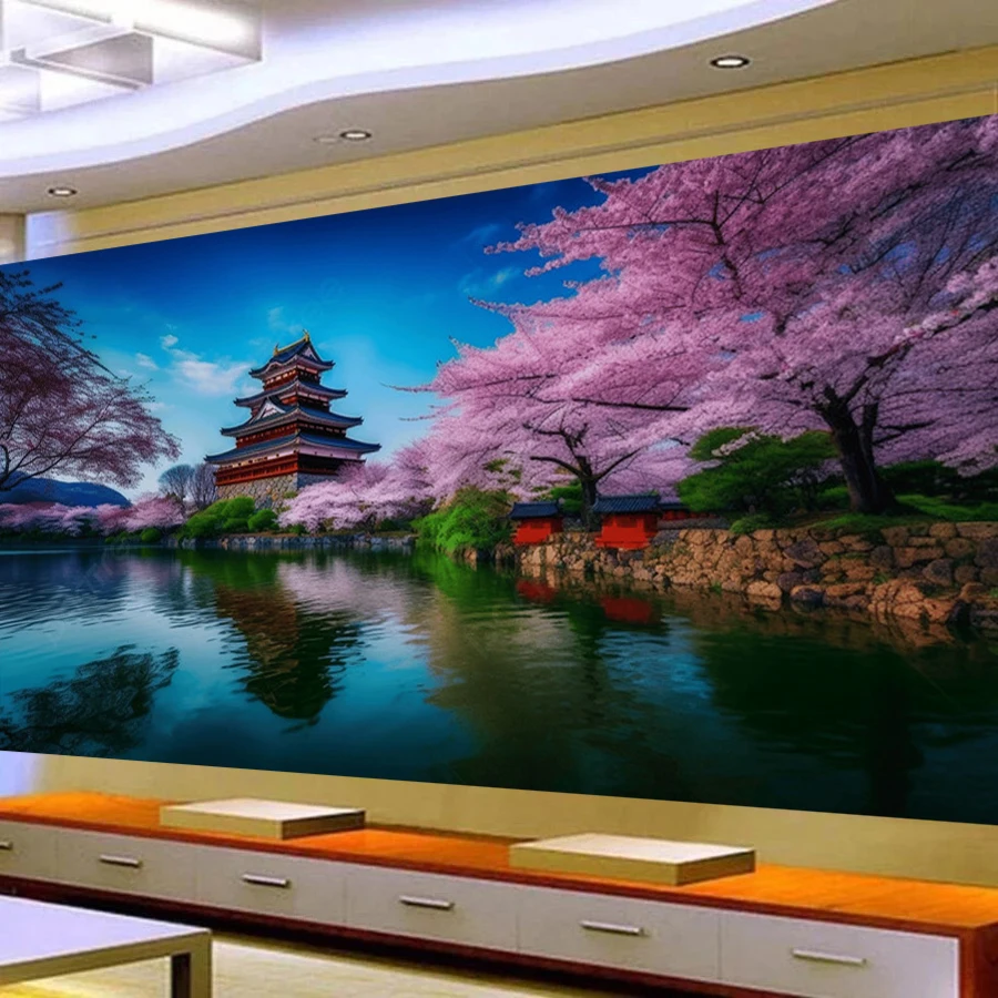 Pink Cherry Blossom Tree Temple Lake Large Size Diy Diamond Art Painting New 2025 Landscape Full Mosaic Embroidery Pictures