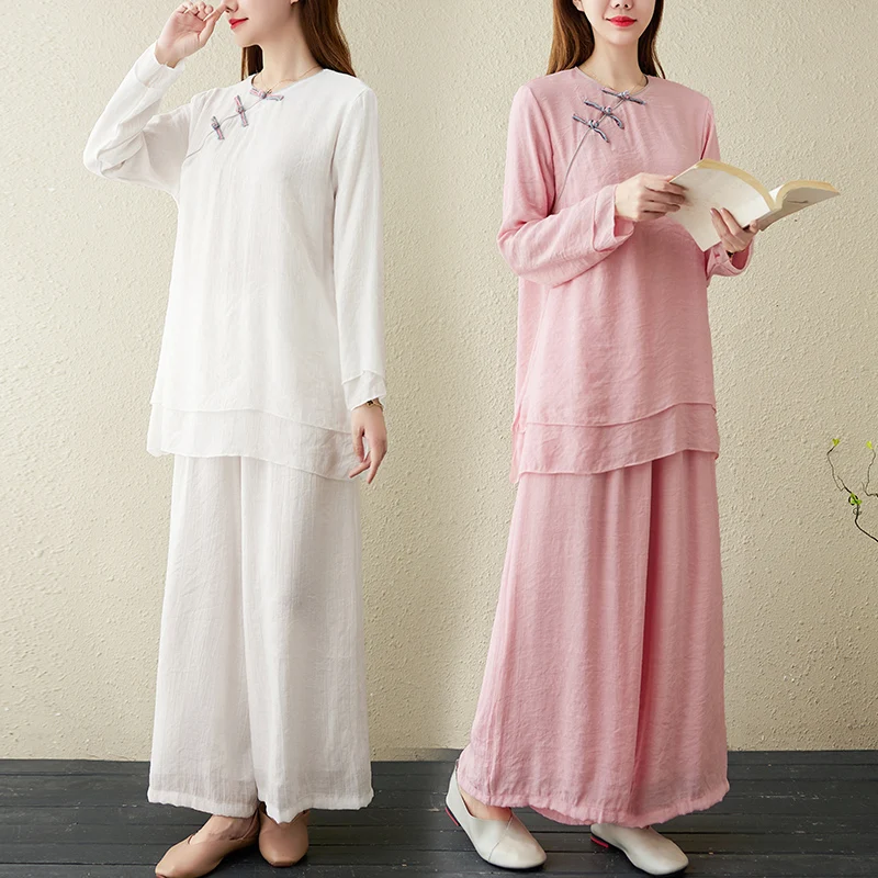 Boho Style Yoga Set Women's Tea Zen Clothing Button Design Cotton Autumn Winter Fashionable Traditional Chinese Ethnic Women'...