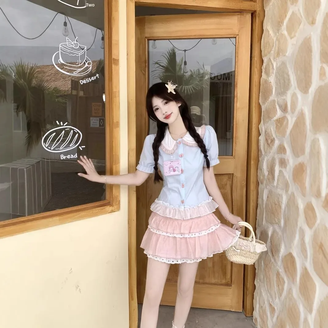 بالإضافة إلى حجم الحلو نمط Preppy الأزرق والوردي الاصطدام قميص أعلى بالإضافة إلى حجم المرأة الصيف الزي مجموعة مع كعكة تنورة قطعتين... #1