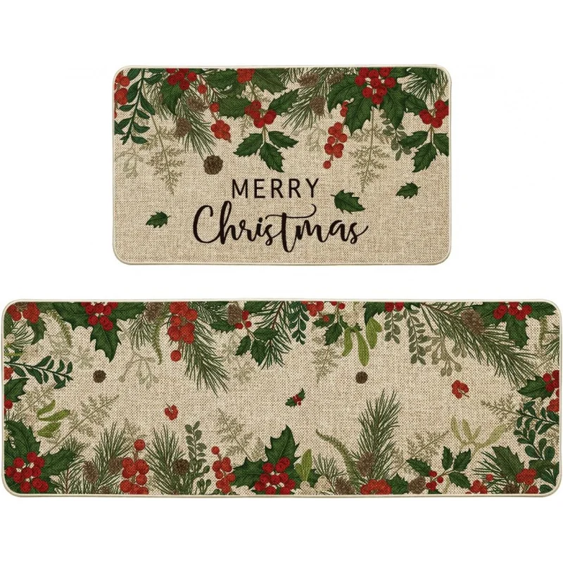 

Christmas and New Year Kitchen Floor Mat Two Piece Set Winter Home Living Room Decoration Door Mat 20inX31in 18inX47in