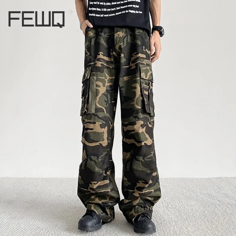 

FEWQ Straight Leg Pants Camouflage Casual Men's American High Street Fashion 2024 Contrast Color Male Trousers 24E1400