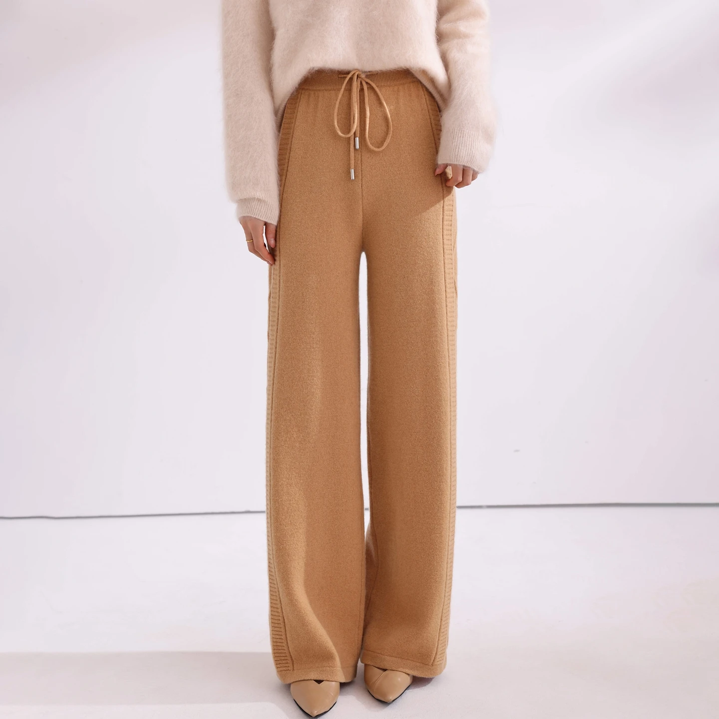 100% Australian wool women's wide leg pants new knitted autumn and winter warm casual women's long wool pants solid color S-XXXL