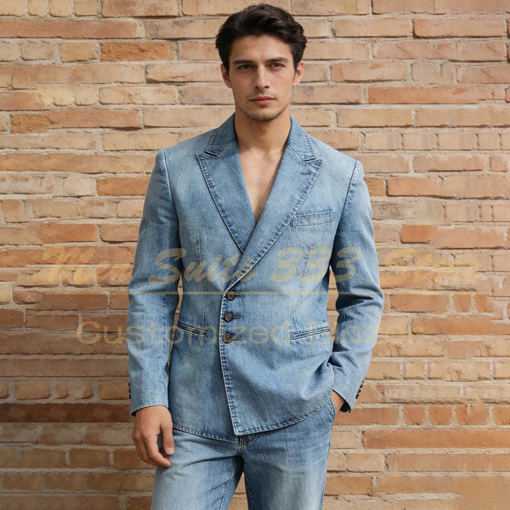 

Denim Men's Suits 2 Piece Jacket Pants Sets Bespoke Regular Length Slim Fit Male Clothing Travel Outfits Costume Homme