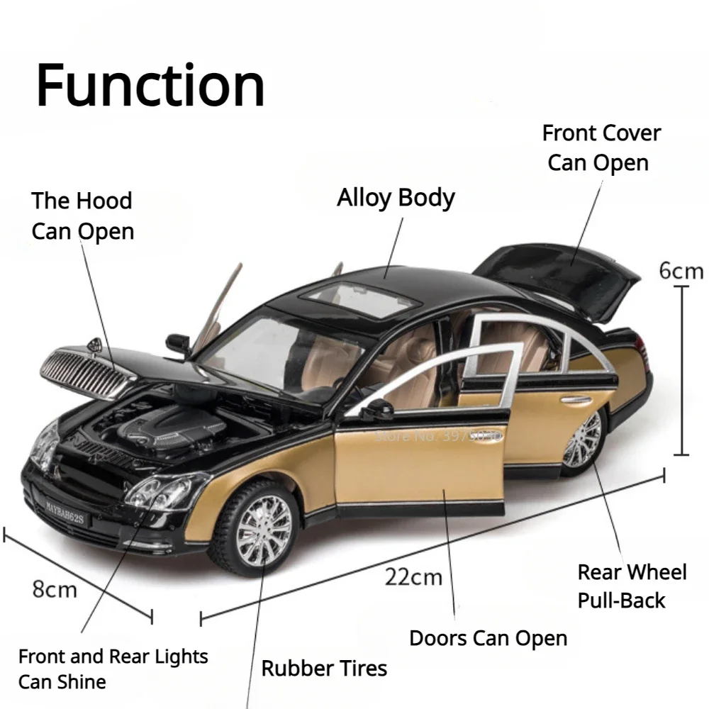 1:24 Maybach 62S Auto Modell Spielzeug Legierung Diecast Hohe Simulation Fahrzeuge Türen Geöffnet Sound Licht Gummi Reifen Spielzeug Geschenke für Jungen