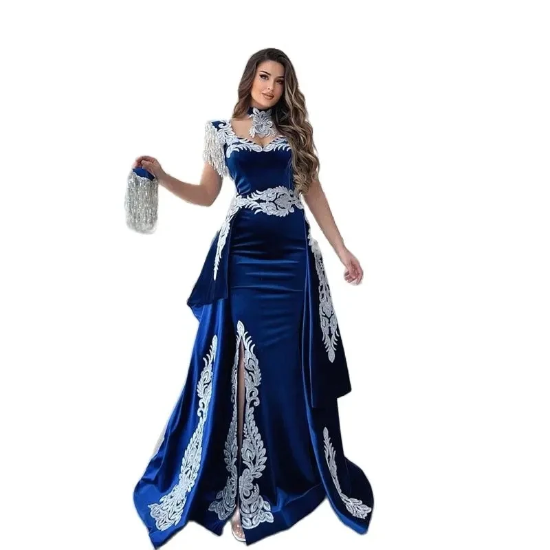 Caftán marroquí azul, vestidos de noche formales, apliques de terciopelo de sirena, mangas casquillo, vestidos de graduación, vestidos de fiesta