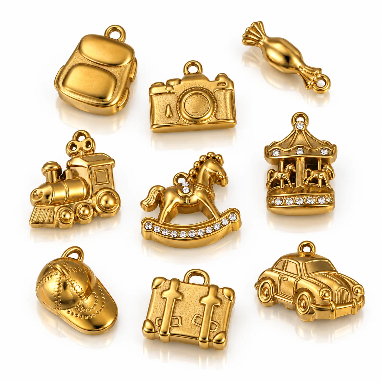 3Pcs Backpack/Suitcase/Cap Charms Stainless Steel Train/Car/Airplane Golden Travel Pendants DIY Necklace Earrings Jewelry Making