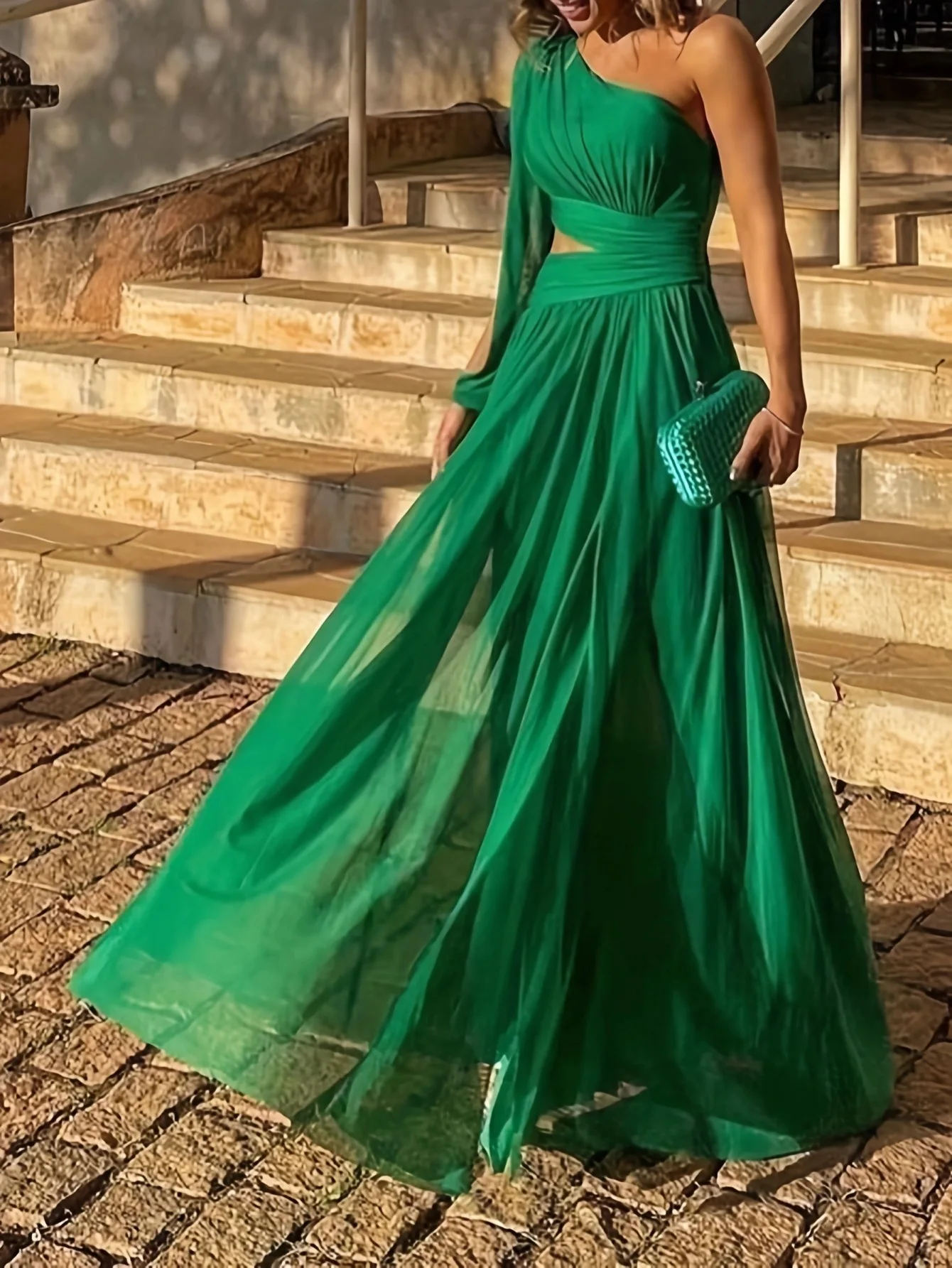 2024 plus-size Green Dress Diagonal Shoulder slim-fit dress Long skirt Irregular cocktail dress