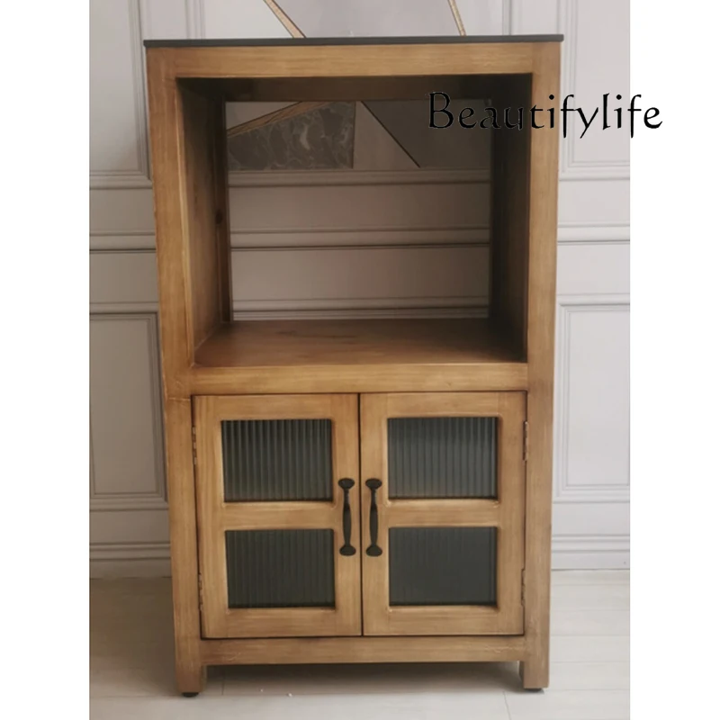 American retro solid wood dining side cabinet living room kitchen stove cabinet microwave oven cupboard cupboard locker