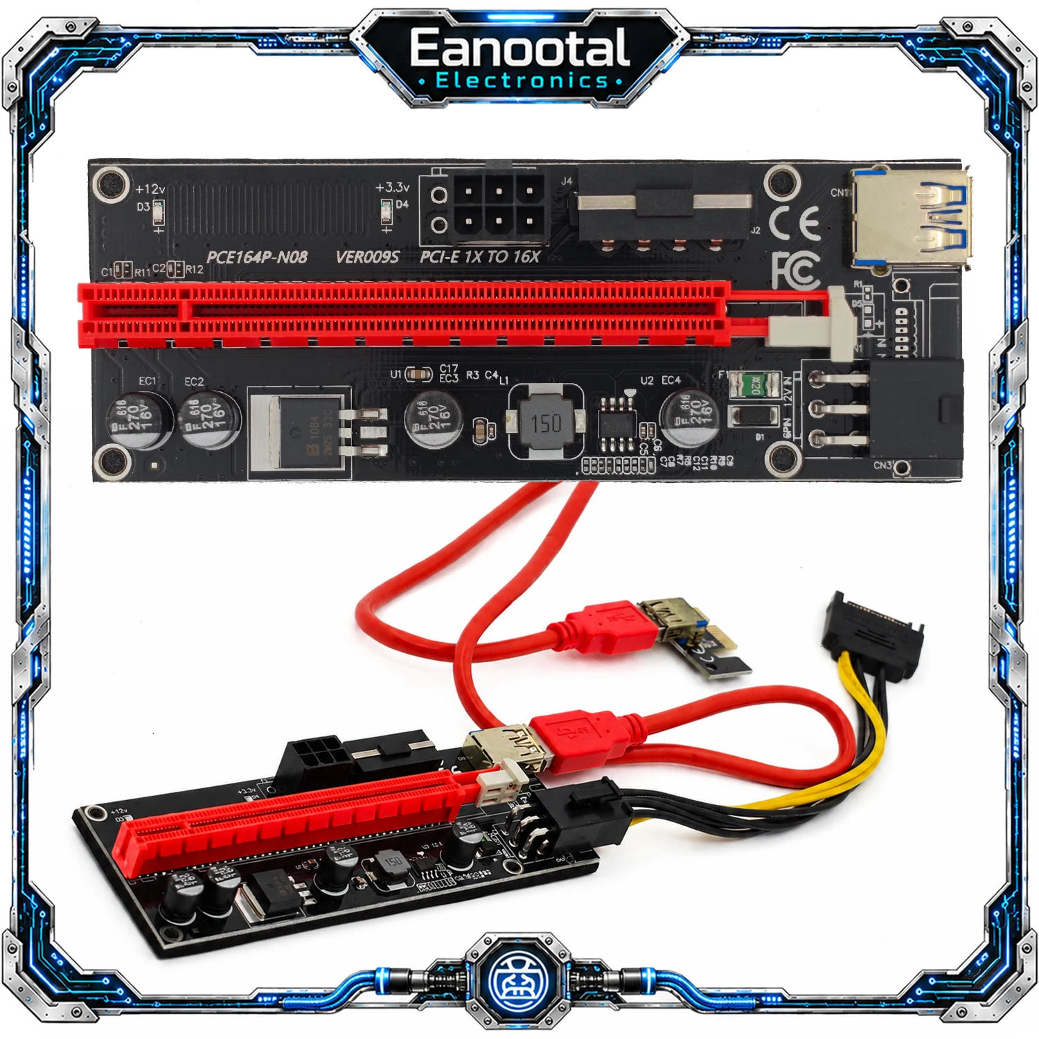 PCIe 1X to 16X GPU Riser Card Kit with USB 3.0 Cable and SATA 6Pin Adapter, V012PRO V013PRO V014PRO V016PRO V018PRO VER009S
