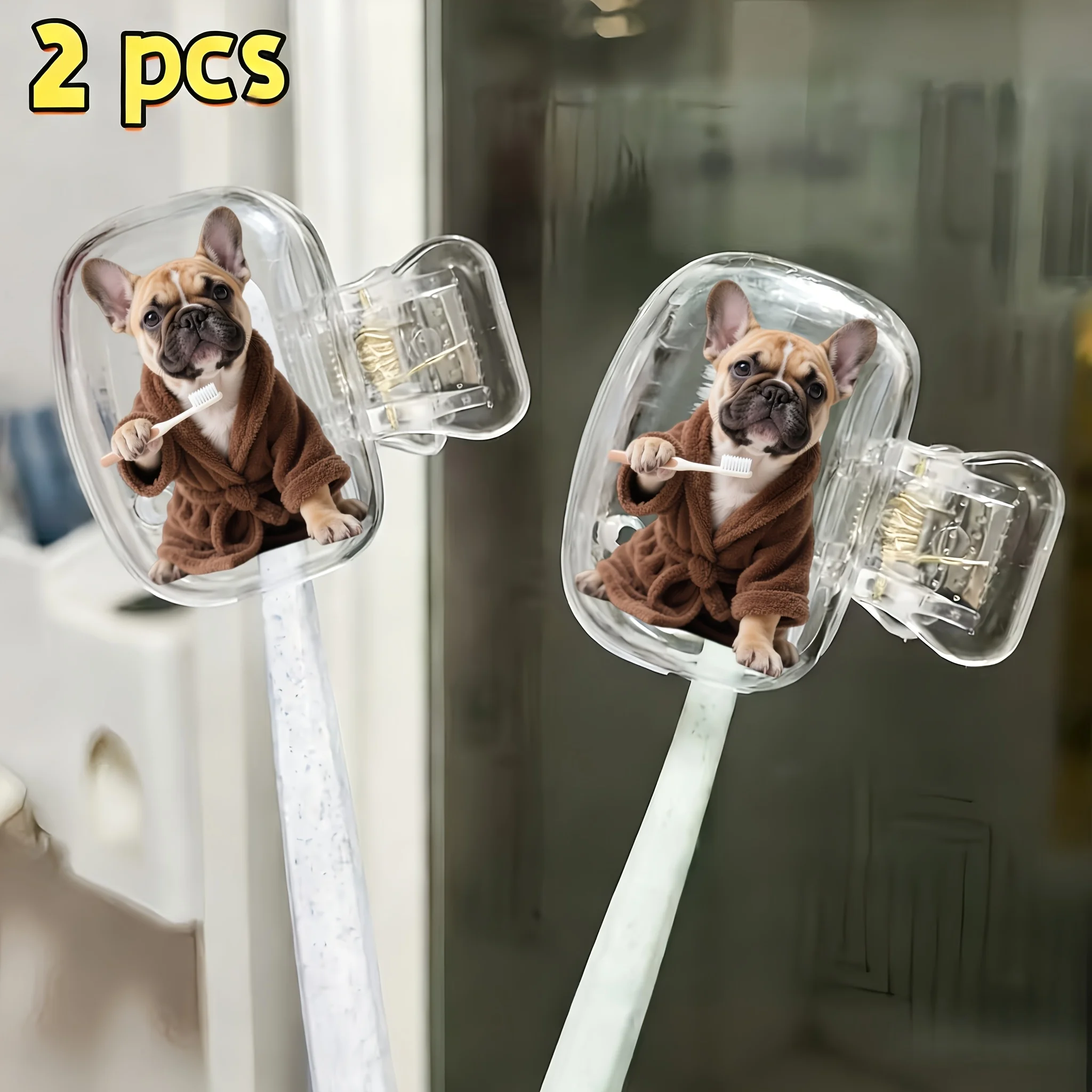 2pcs Adorable White Bulldogs Portable Toothbrush Head Covers Protective Caps Storage Boxes Bathroom Additions for Home Travel