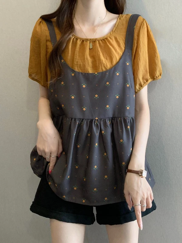 

Floral Print Women's Shirt Summer New Style Large Size Pumpkin Orange Two-Piece Set Doll Top Shoulder-Length Sleeve round Neck