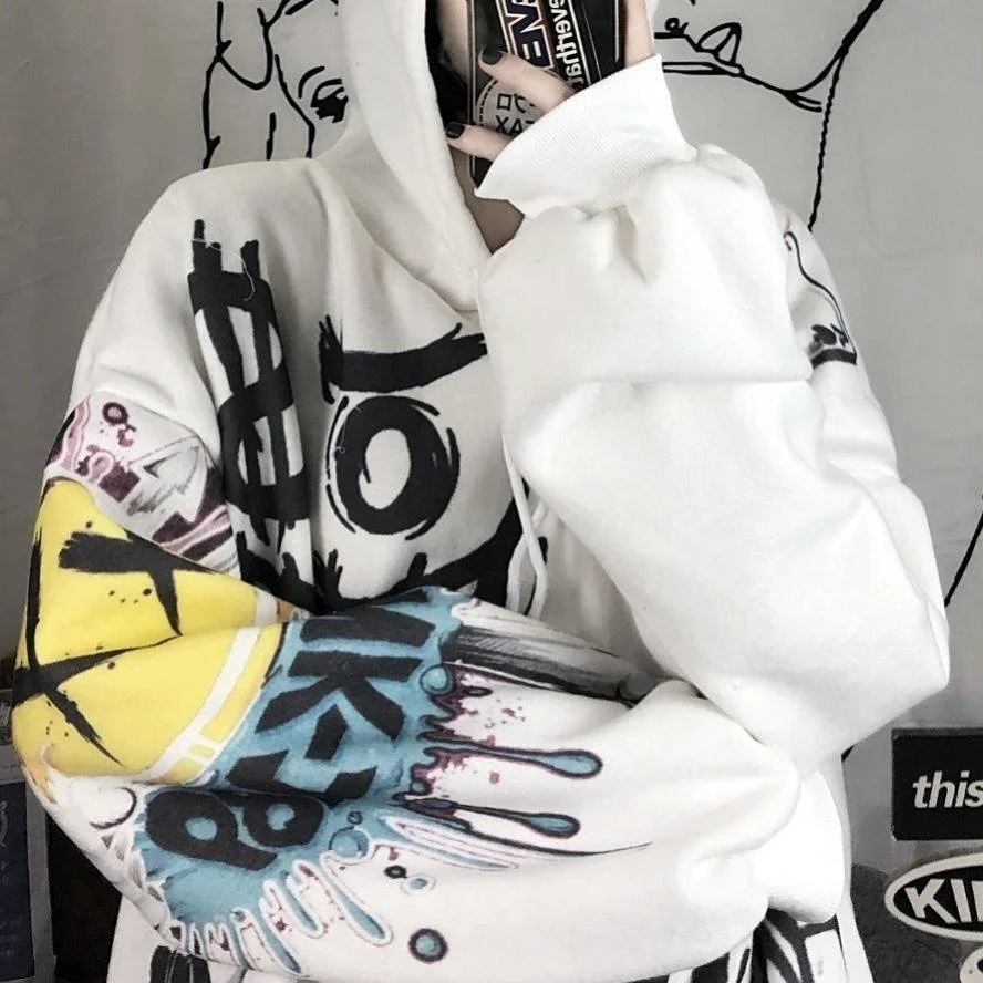Gothic Hip Hop Hoodies Women Japanese Punk Street Graffiti Oversize Hooded Sweatshirts Autumn Long Sleeve Female Hoodie Tops