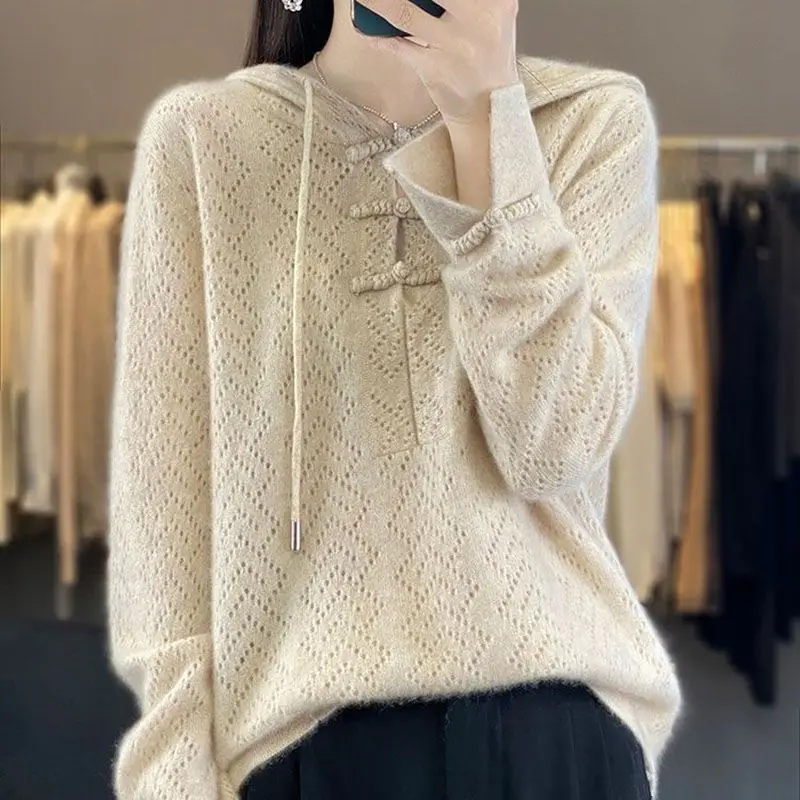 

Chinese Style Knitted Hooded Sweatshirt for Women Loose Long Sleeved Hollowed Out Western-style Sweater Base Coat Outerwear