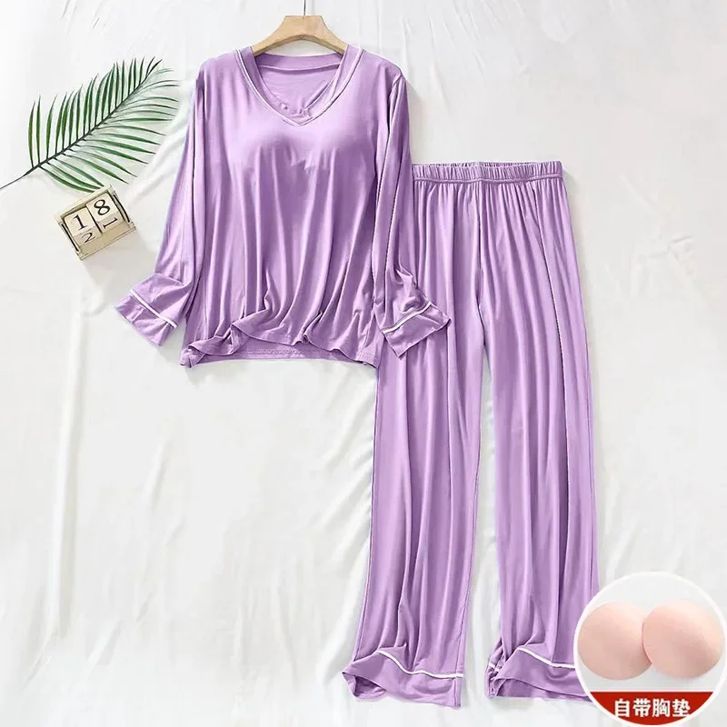 Plus Size Spring Pajamas Set Women\'s Long-sleeved Chest Pads T-Shirt Trousers Two-piece Suit Outerwear Loose Loungewear Homewear