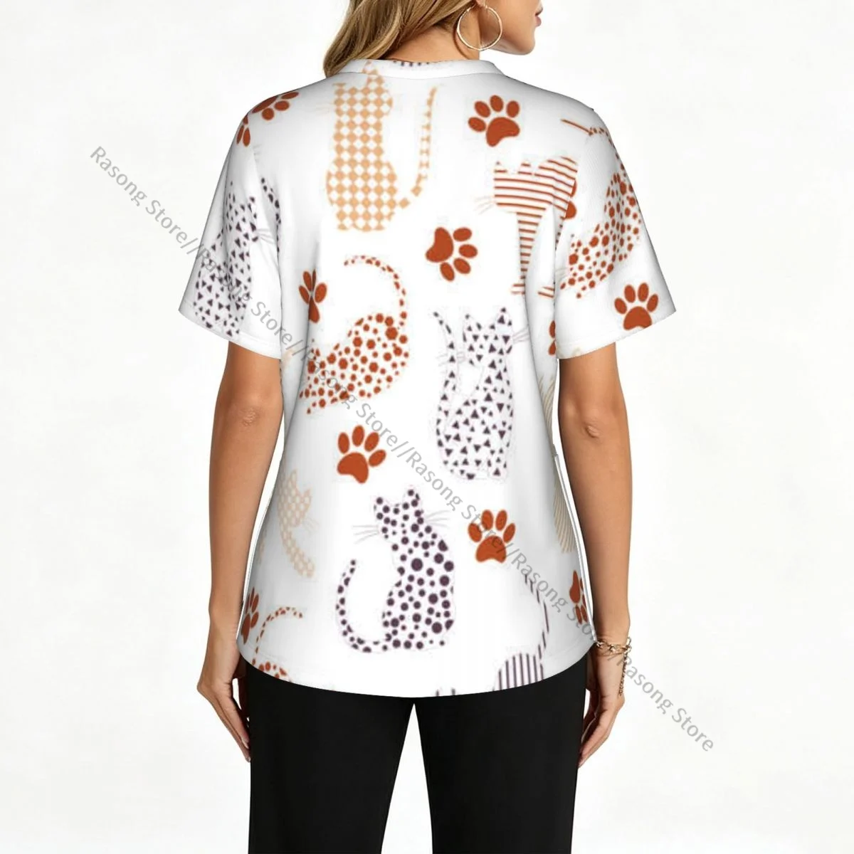Women Scrubs Blouse Medical Nurse V-neck Clinical Scrubs Top Pastel Cats And Paws Operating Room Work T-shirt