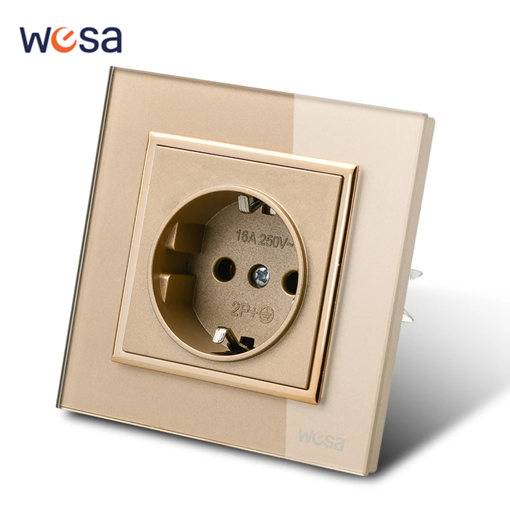 WESA Crystal Tempered Glass Panel Golden Socket Wall Embed Plug Power Socket EU Electrical Outlett With Ground Flame Retardant