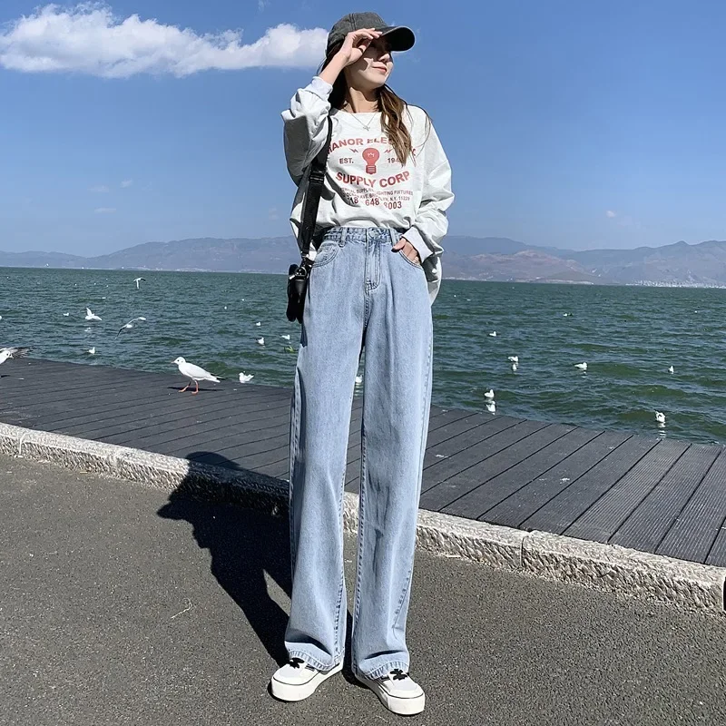 Pantalones vaqueros de pierna ancha de cintura alta para mujer, pantalones vaqueros adelgazantes hasta el tobillo de corte recto fino de verano, pantalones de barrido hasta el suelo