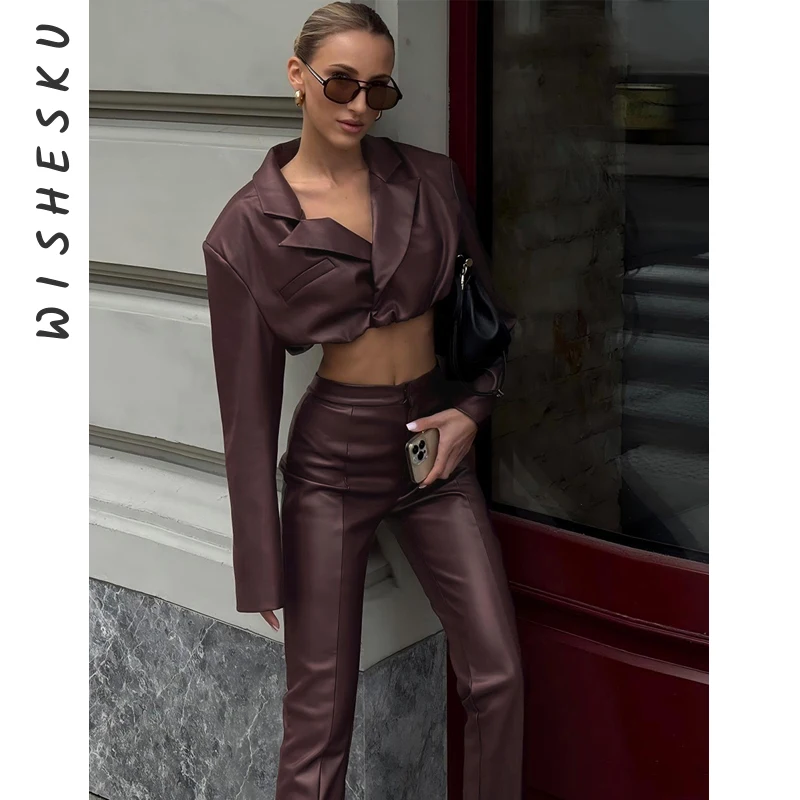 

Tracksuit Women 2025 Long Sleeve PU Leather Jacket Coat Crop Tops Skinny High Waist Casual Y2K Pants Two Piece Set Winter