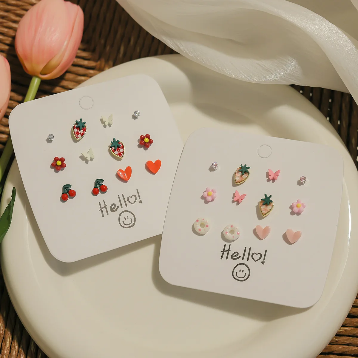 

6 Pairs S925 Silver Needle Zinc Alloy Earrings Set Color Flower Strawberry Heart Shape Cute Earrings For Women Jewelry Gifts