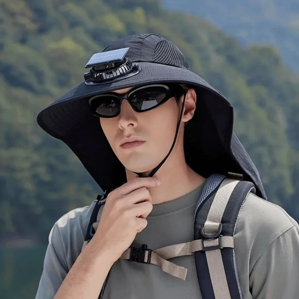 Breathable Solar Fan Cap Lightweight Cooling Wide-Brimmed Hat Adjustable Shawl Attached for 3.7V 300mAh