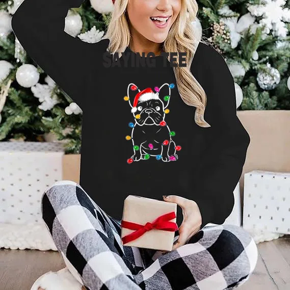 Funny French Bulldog Dog Tree Christmas Lights Pullower Sweater Long Sleeve Xmas Pajama T-Shirt Gifts Tops Fashion Saying Tee