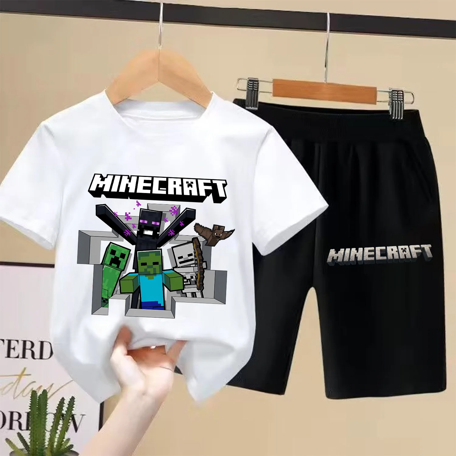 Conjunto de Camiseta y Pantalones Cortos de Dibujos Animados para Niños, 2 Piezas, Pijama de Anime Minecrafted, Ropa para el Hogar, Regalo para Niños