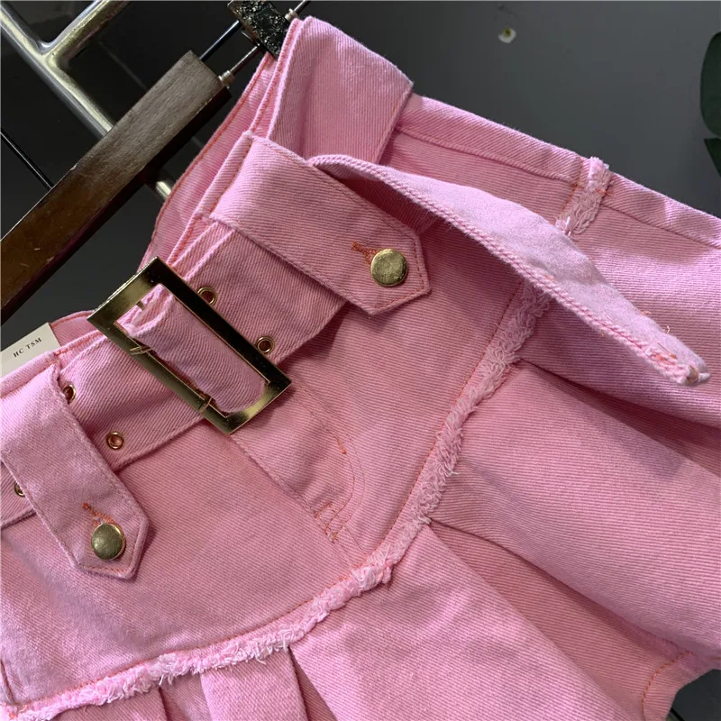 Sweet Pink Pleated Student Denim Skirt Women 2024 Spring New College Style Hot Girl Elegant High Waist A-Line Short Jean Skirts