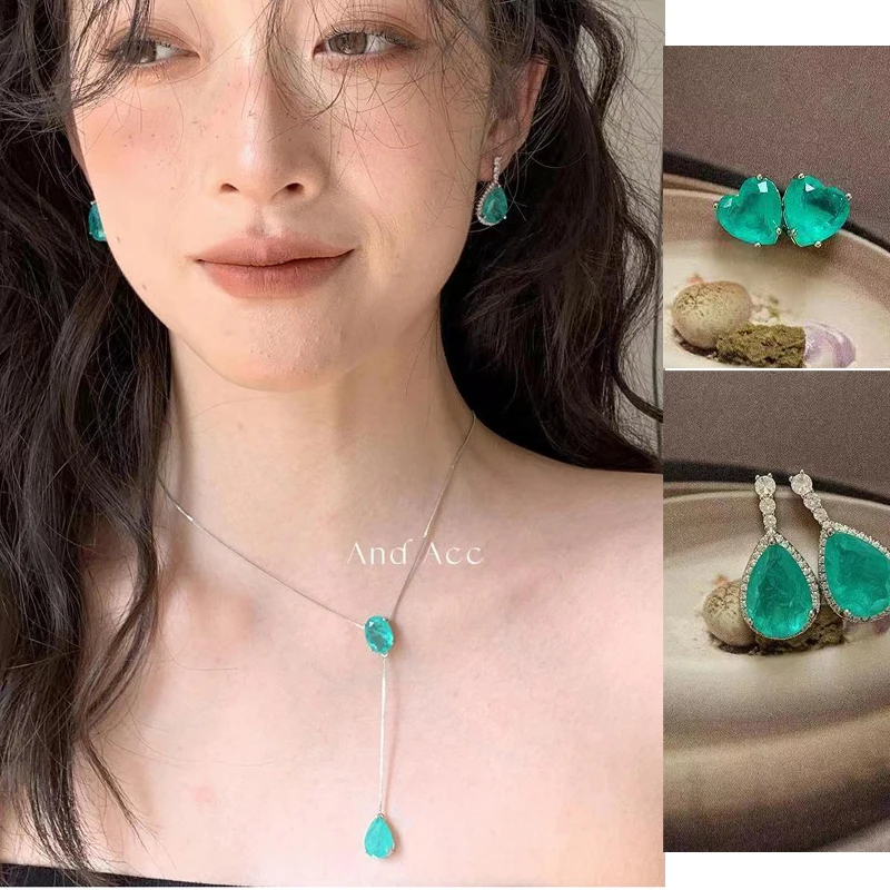 Clear Sea Blue Green Zircon Crystal Necklace Earrings 925 Silver Beautiful Dainty Women Girls Jewelry Gifts for Her