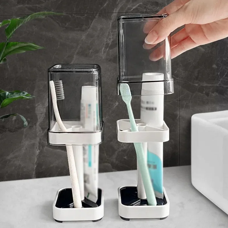 Toothbrush Holder Stand with Tooth Brush Cups/Cover, Toothpaste Holder Stand with 3Slots，Dental Storage Organizer Holder Stand