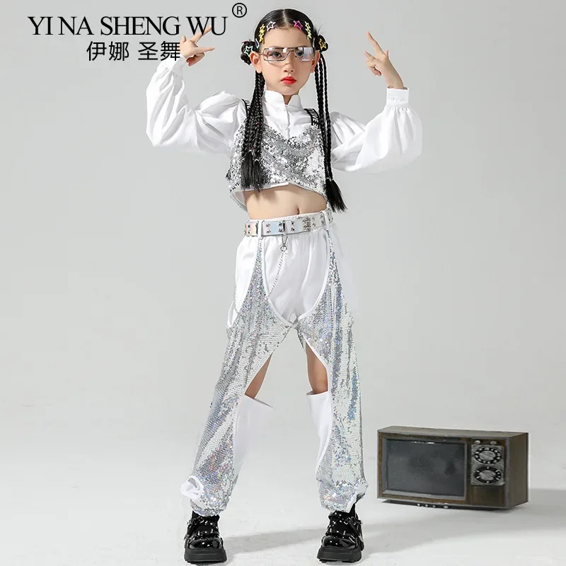 

2026 New Girls Hip Hop Dance Set Silver Sequin Crop Top and Pants Kpop Jazz Dance Costume Performance Wear Party Outfit