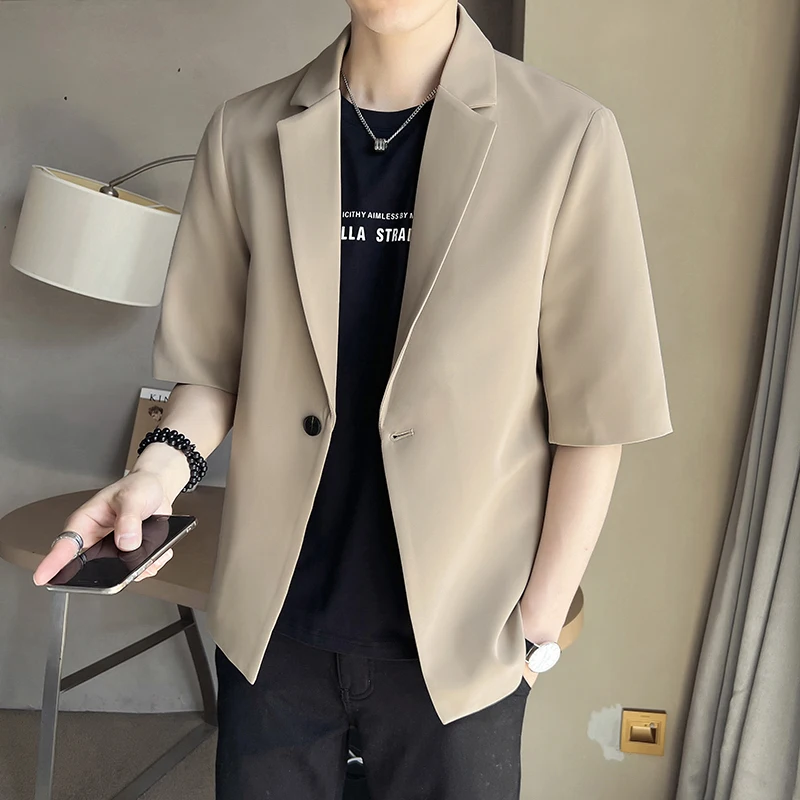Khaki Ice Silk Seven-Quarter Sleeve Men's Suit Lightweight Summer Thin Style One-Button Short Sleeve  Fashionable Sensa...