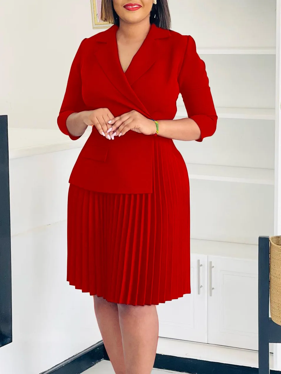 Autumn Fashion Light Mature Temperament High Quality Pleated Dress with Suit Collar A-Line Skirt Solid Color