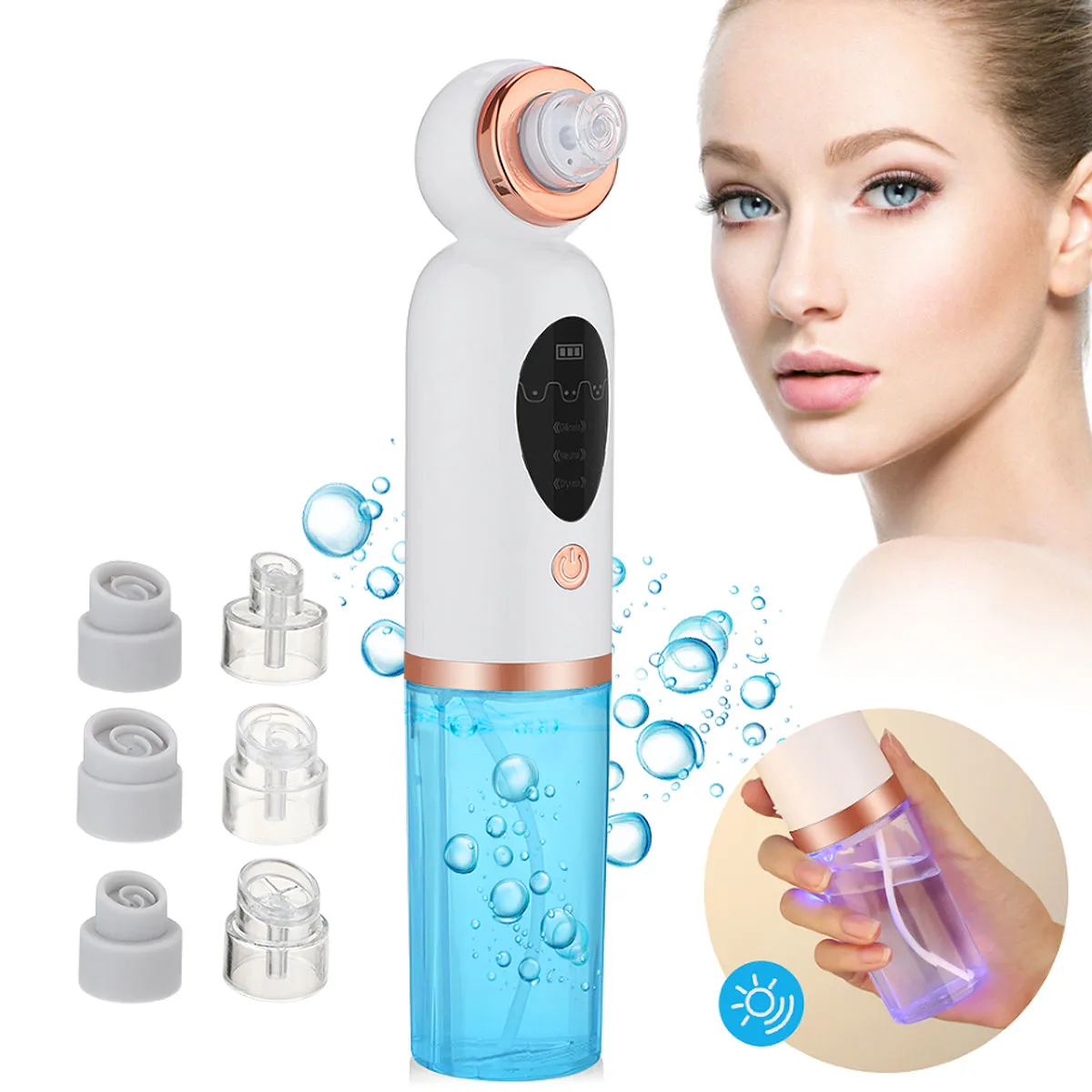 Instrument de beauté à petites bulles, nettoyage des pores à domicile, aspiration des points noirs, 3 têtes d'aspiration et 6 têtes de resubdivision