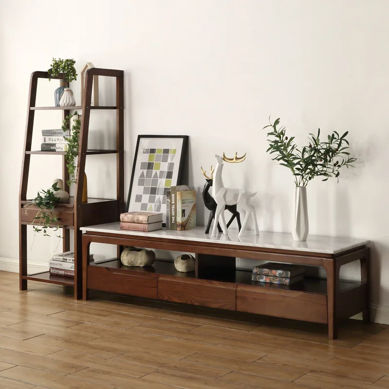 

Nordic marble TV simple and modern small apartment, solid wood coffee floor combination
