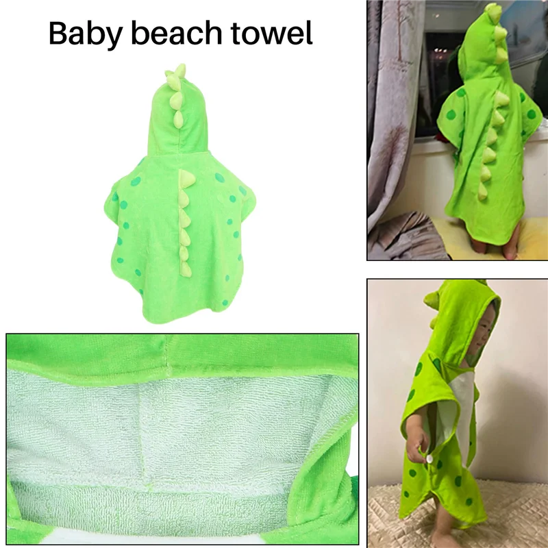 MACH-Children Bath Towel Robe Kids Hooded Beach Swimming Poncho Dinosaur Pattern(Green+White 55 Cm X 110 Cm)