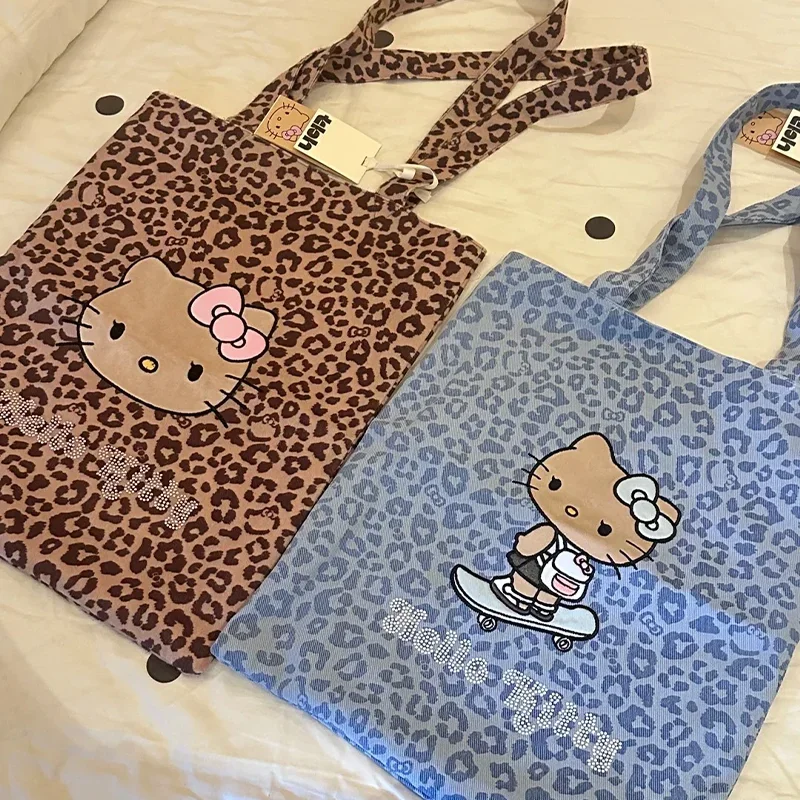 Hello Kitty Black Face Cotton Tote Bag With Rhinestone Decor Large Capacity Canvas Shoulder Bag For Women Shopping Beach