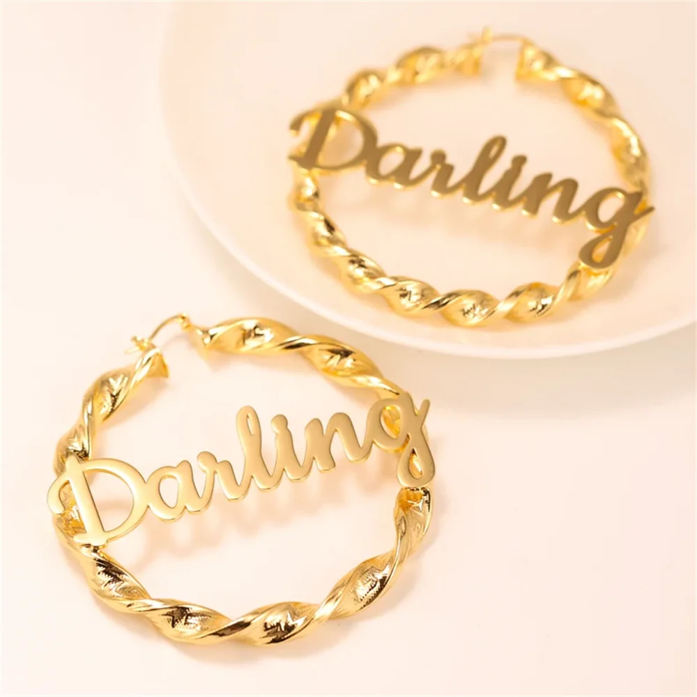 Customized Name Earrings New Stainless Steel Earrings Gold Thread Big Earrings Women's Personalized Christmas Jewelry Gift